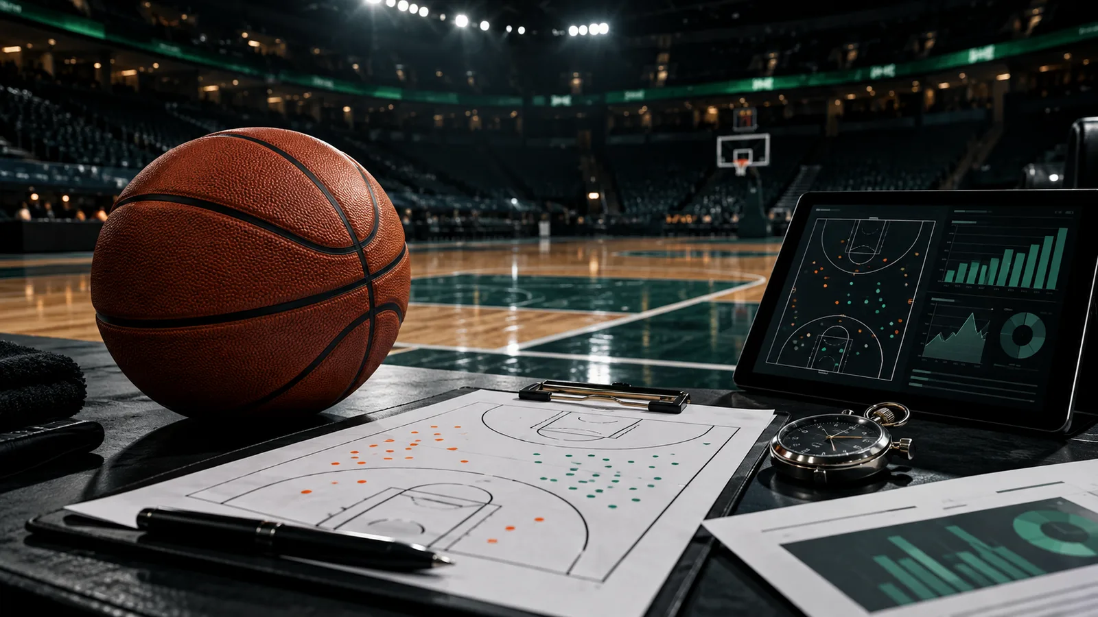 Balón y análisis de posesiones en una cancha de básquetbol