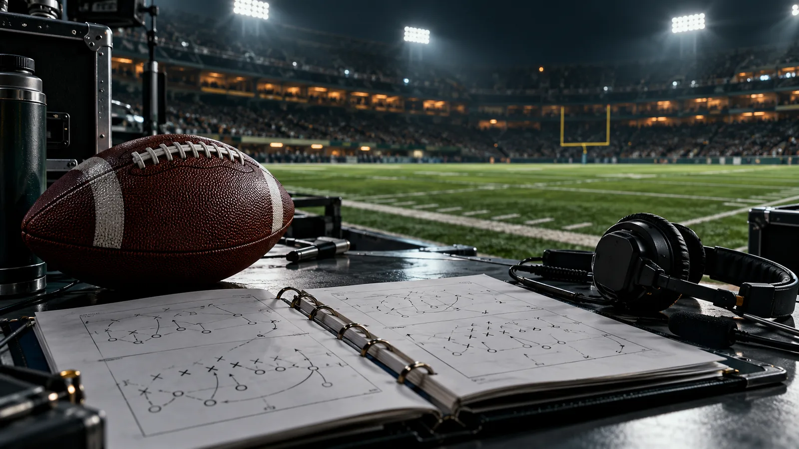 Balón, headset y libro de jugadas junto a un campo de NFL
