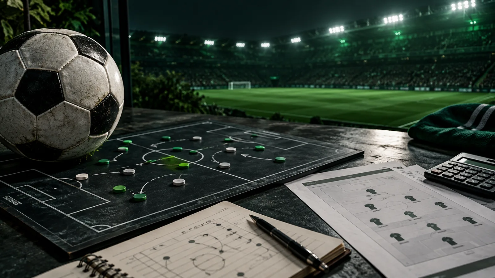 Balón, pizarra táctica y estadio de fútbol