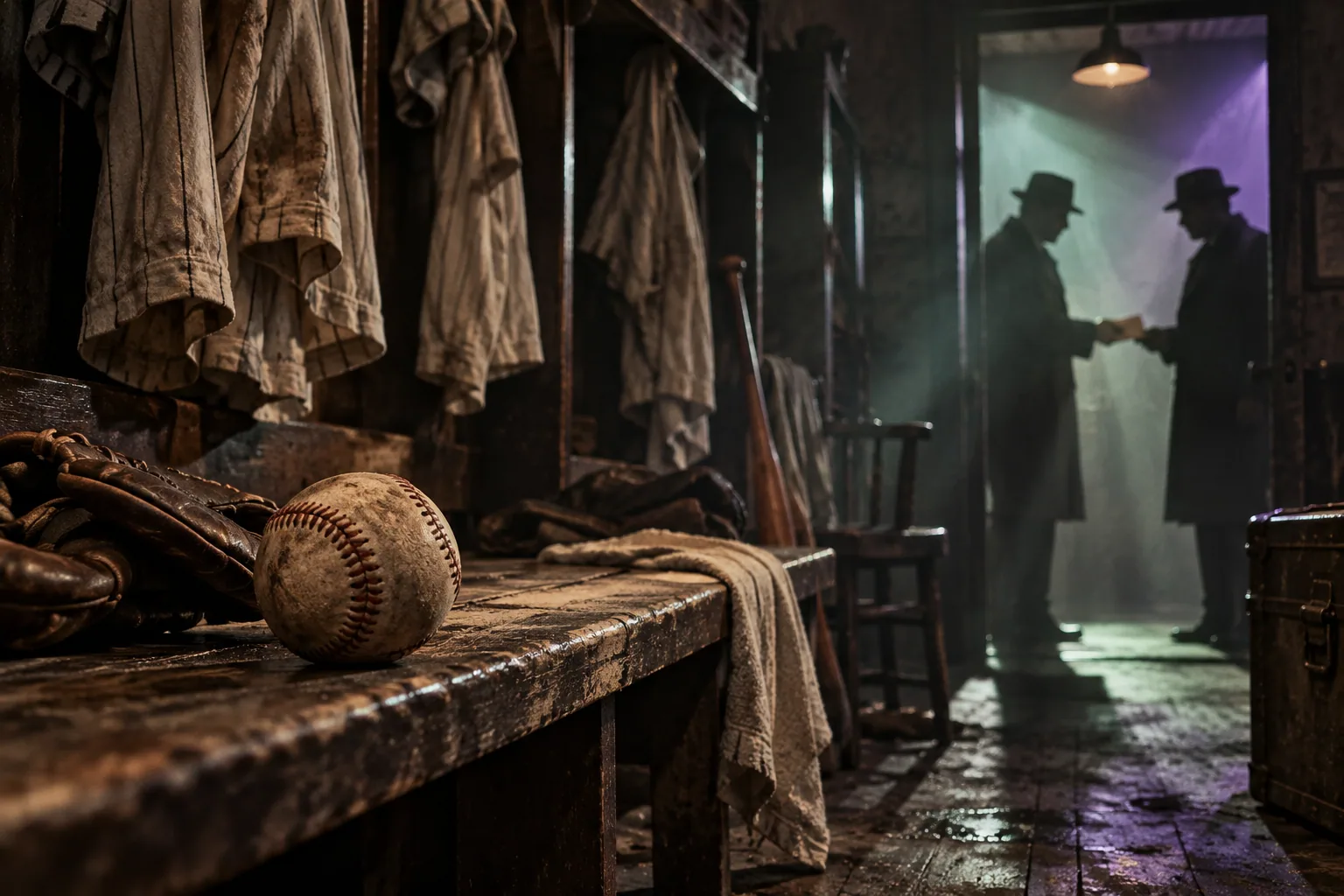 Vestidor antiguo de beisbol con una pelota y un intercambio secreto al fondo