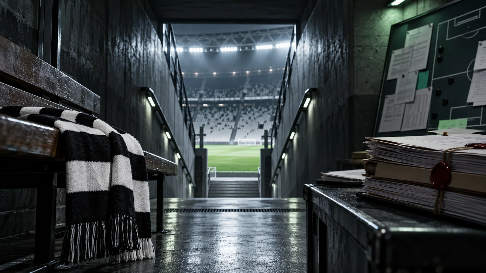 Túnel de estadio con bufanda a rayas y expedientes