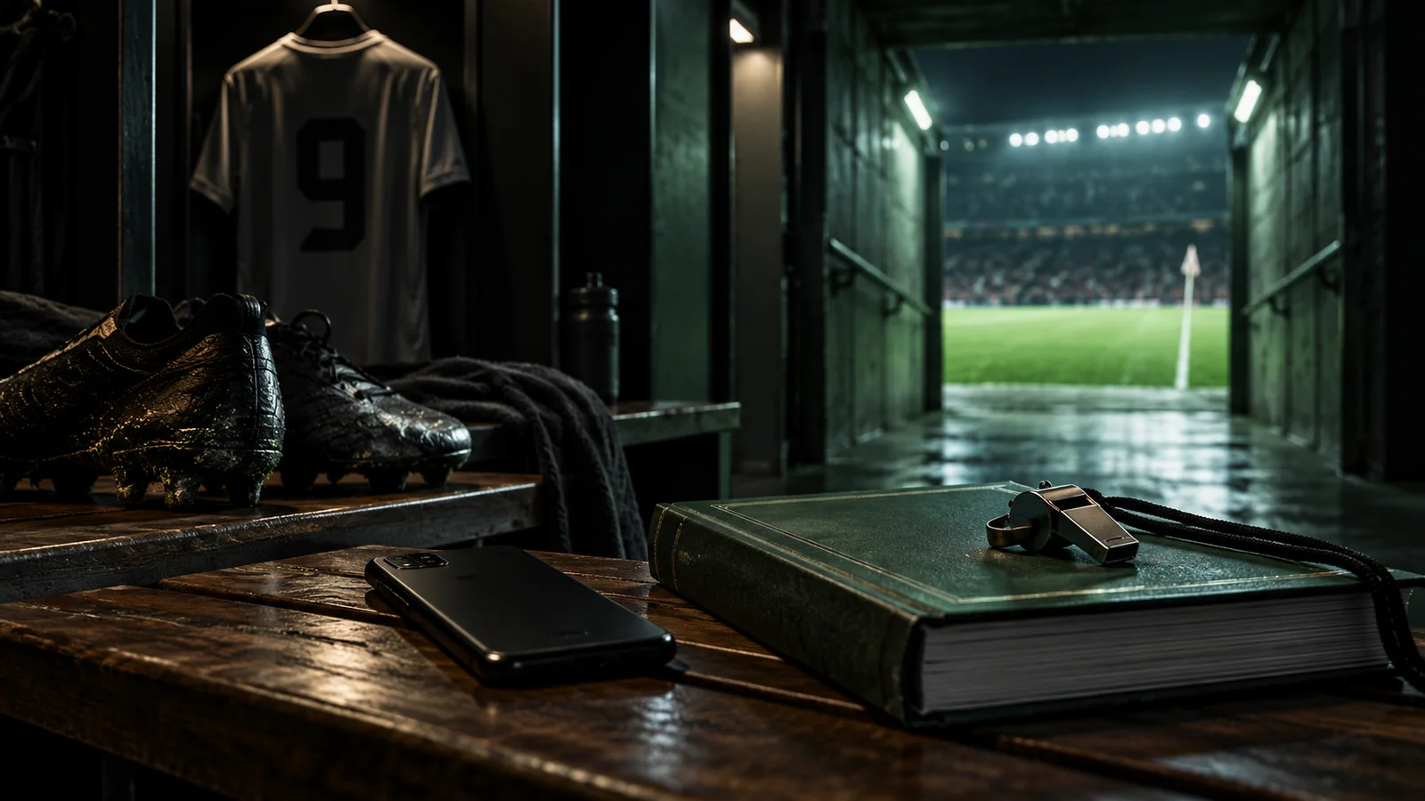 Vestidor de fútbol con celular, reglamento y silbato sobre una mesa