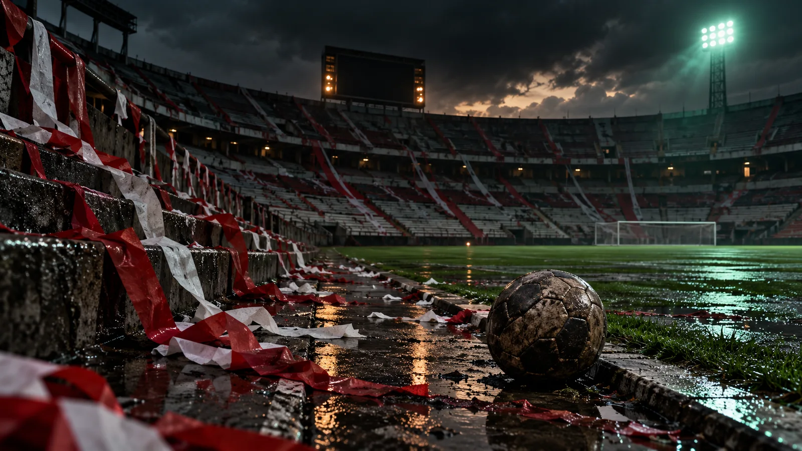 Estadio vacío con serpentinas rojas y blancas tras una noche de lluvia